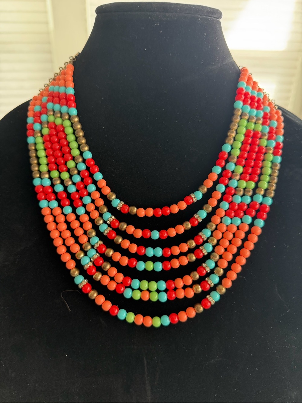 Multistrand Beaded Statement Necklace - Orange, Turquoise & Lime